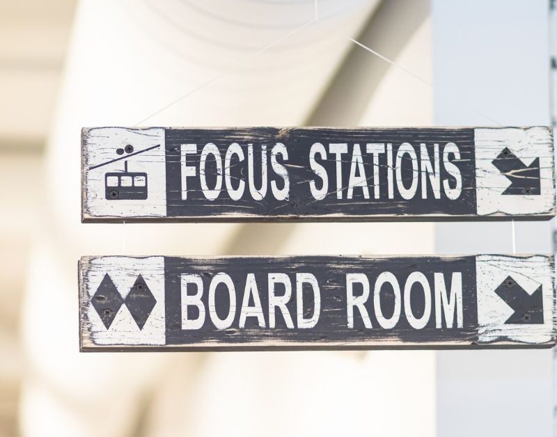 sign in one of the Brick and Mortar Locations in Park Ridge, Deerfield, Glen Ellyn, Libertyville, Deerfield that points to a "focus station" and a "board room"