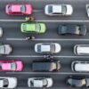 bird eye view of very busy 5 lane high way with cars